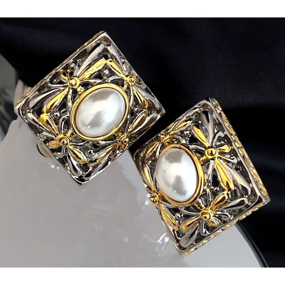 Vintage 1980s Clip On Earrings Simulated Pearl Two Tone Filigree - 9C